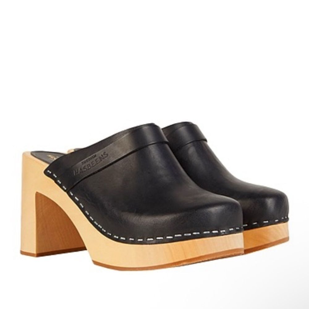 Swedish Hasbeens Black and Tan Mules with Wooden Platform. 9/40